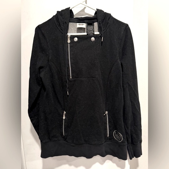 Harley-Davidson Tops - Harley Davidson zip-up moto hoodie pull over black metallic monogram Y2K fitted